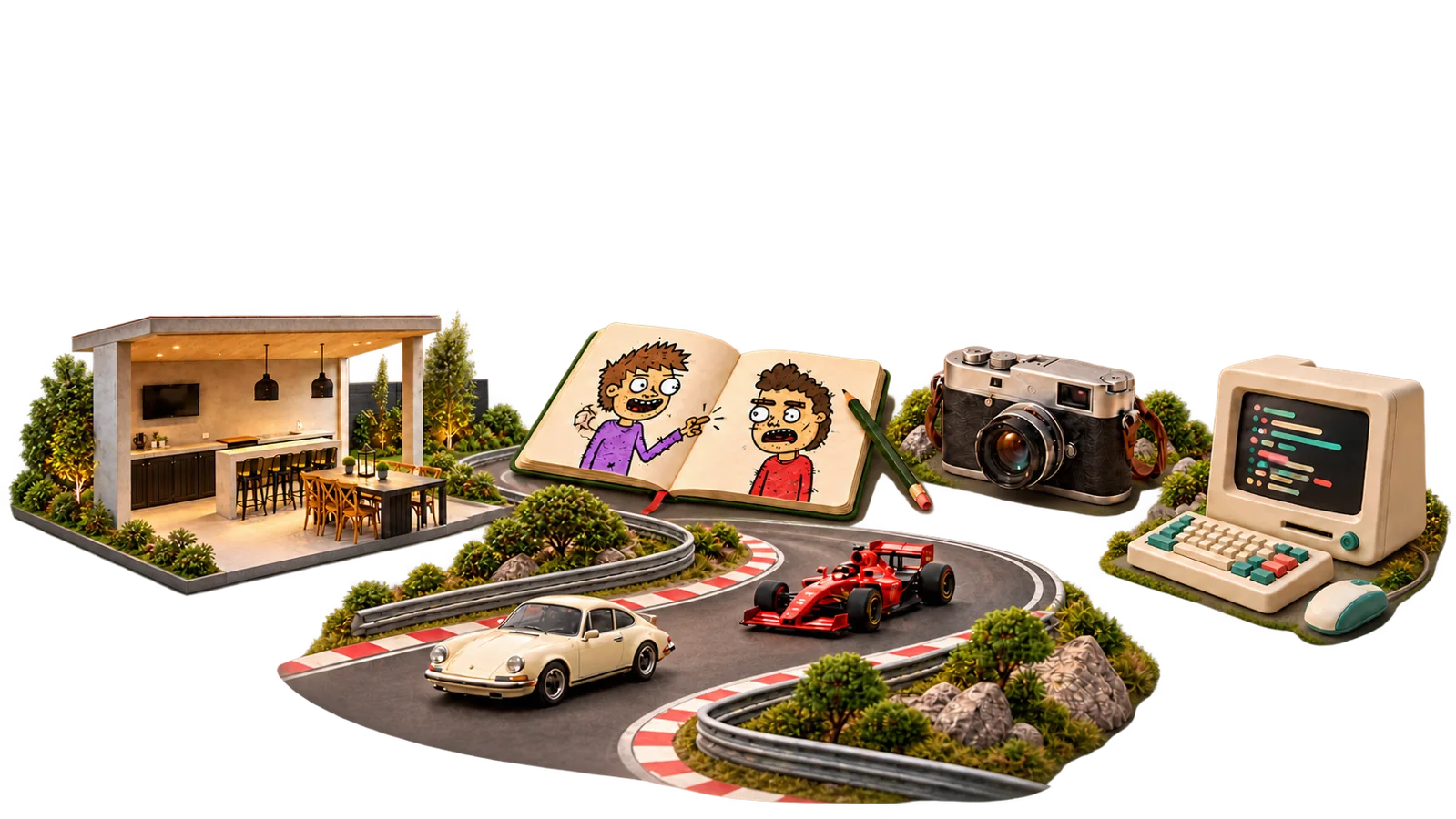 Three-dimensional model with a barbecue house, a sketchbook, a camera, a computer and cars on a track